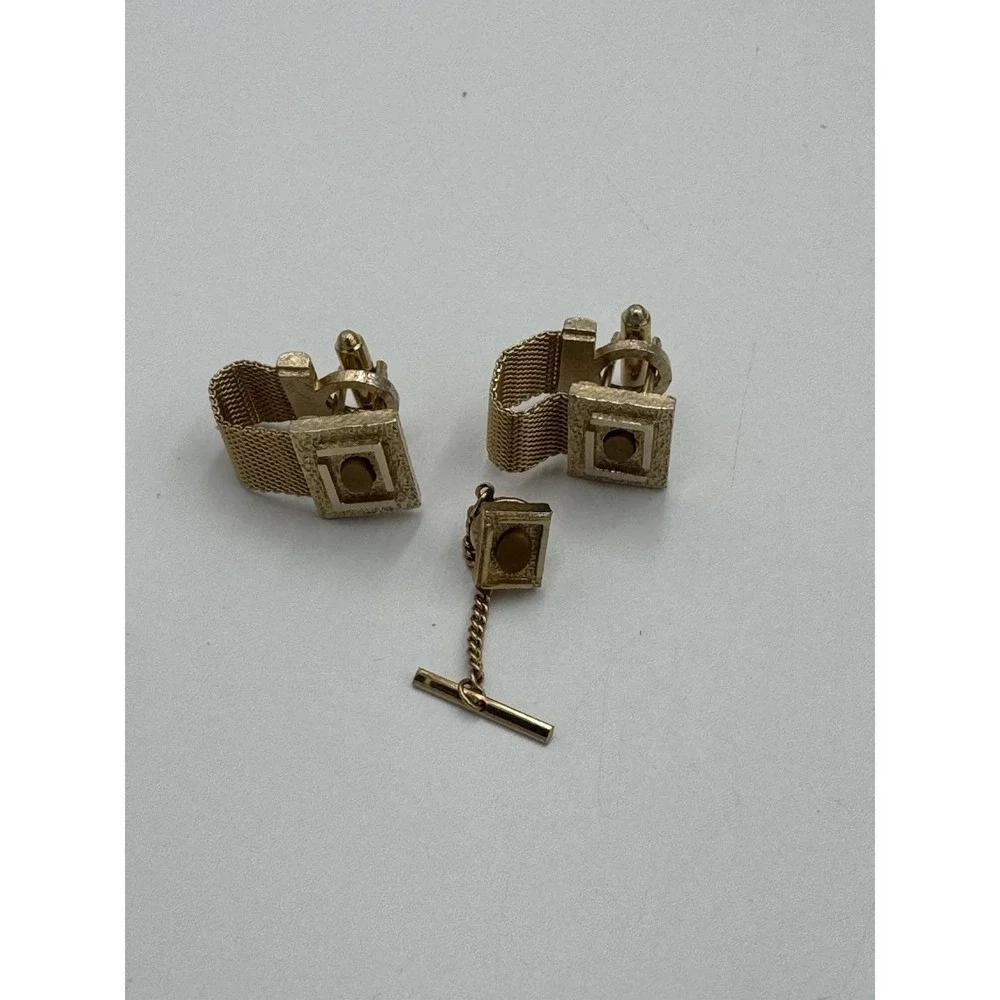 Vintage Dante Tiger Eye Cufflinks & Tie Chain Set Gold Tone Mesh Wrap